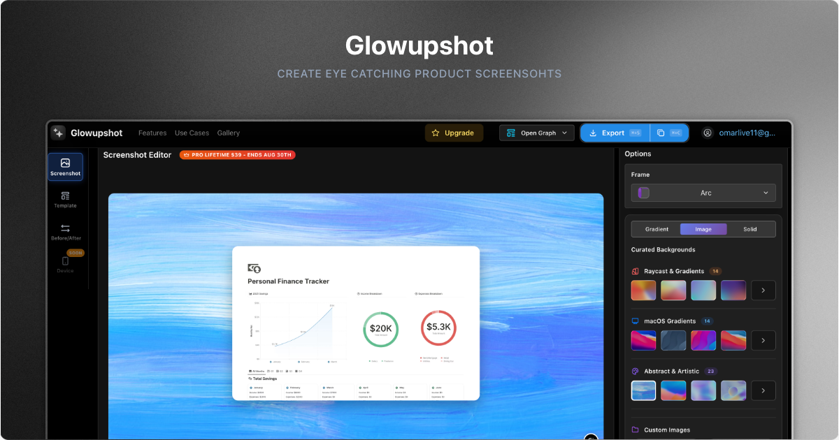 Glowupshot editor turning a screenshot into a polished product visual